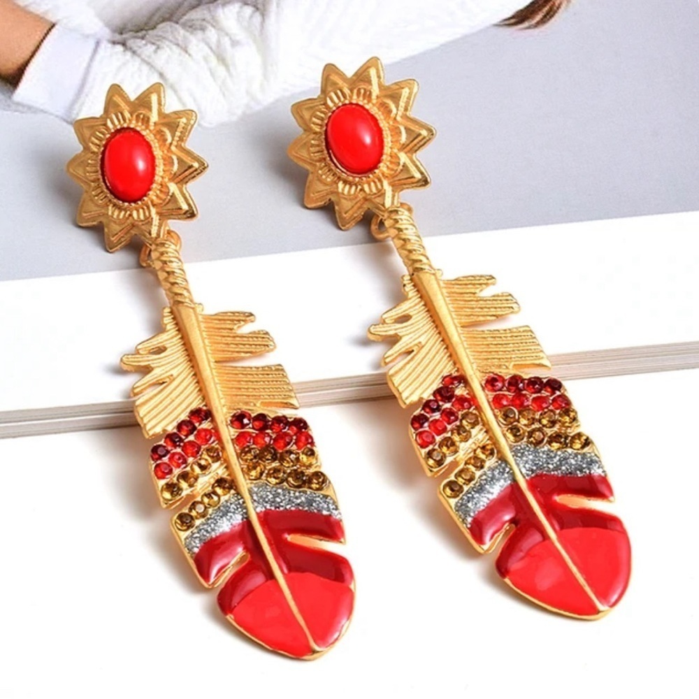 Stylish Red And Rhinestone Feather Gold Drop Earrings - Picture 5 of 14